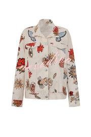 Angel Wings Denim Unique Print Button Up Long Sleeve Pocketed Relaxed Jacket