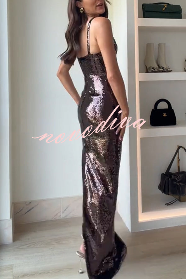 Dazzling Like Flowing Water Sequin V-neck Back Zipper Slit Maxi Dress