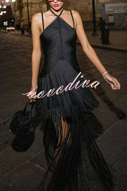 Sexy Halterneck Open Back Elegant Tassel Slim Maxi Dress