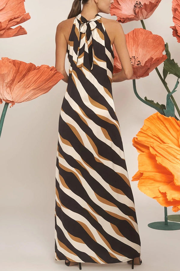 Uptown Cafe Satin Color Block Print Tie-up Neck Maxi Dress