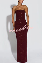 Pandra Glittery Crepe Fabric Off Shoulder Ruched Slit Cape Maxi Dress