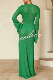 Seaside Goddess Crochet Knit Hollow Out Golden Ring Long Sleeve Cover-up Maxi Dress