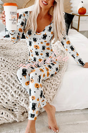Ghost Country Halloween Print Long Sleeve Lounge Jumpsuit