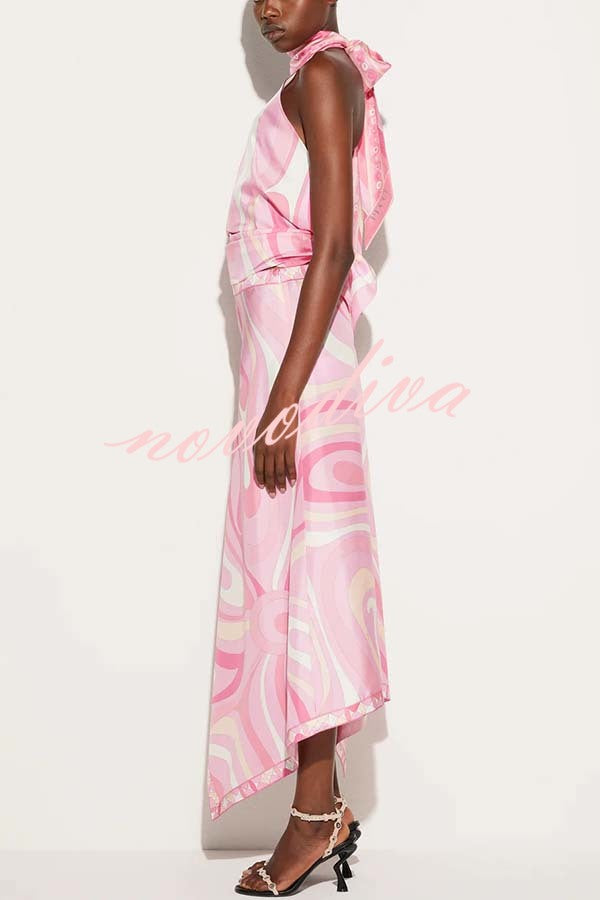Ansela Satin Unique Print Halter Scarf Tank and Asymmetrical Maxi Skirt Set
