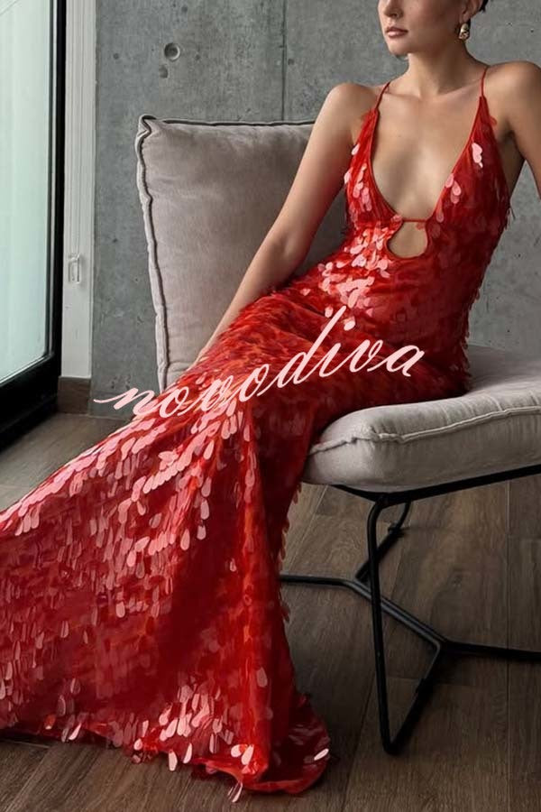 Reshape Beauty Fish Scale Sequin Cutout U-neck Slip Maxi Dress