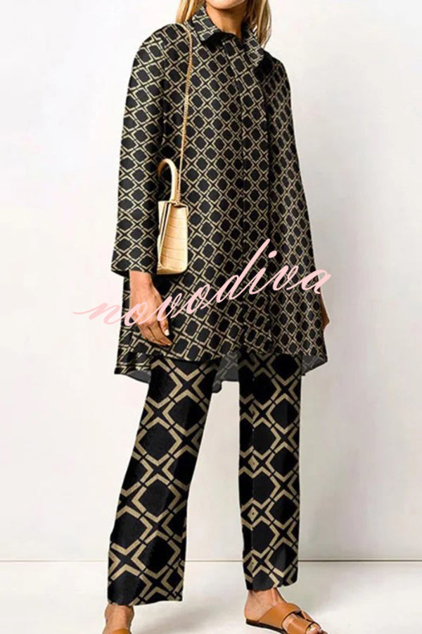 Geometric Print Lapel Long Sleeved Top and Pants Two Piece Set