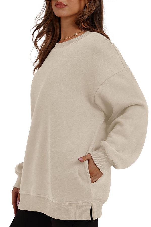 Solid Color Round Neck Pocket Loose Warm Long Sleeve Sweatshirt