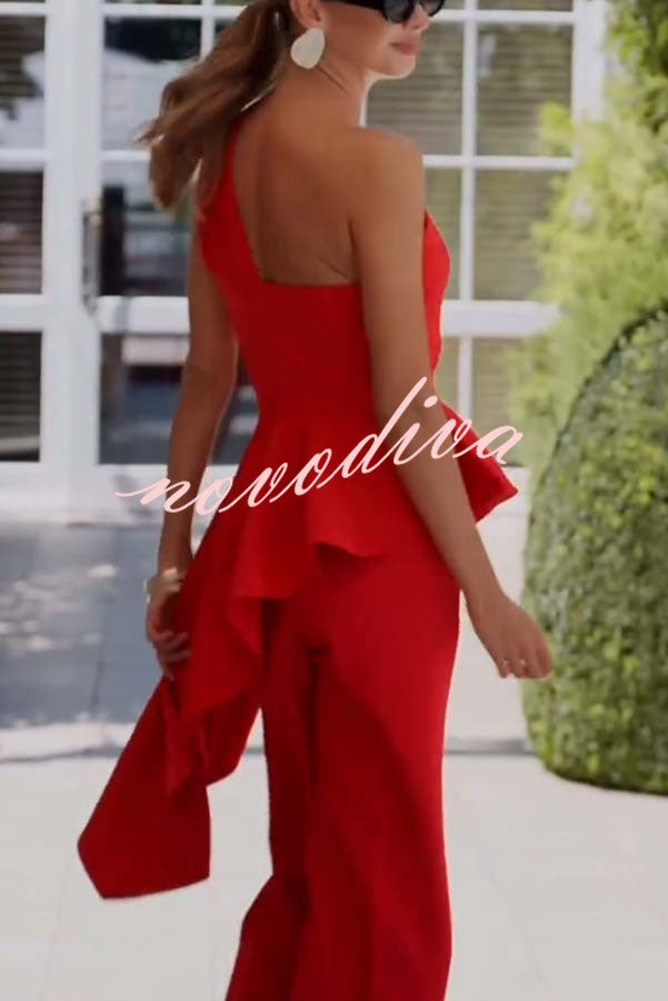 Amena One Shoulder Sweetheart Neck Ruffle Hem Top and Elastic Waist Pocket Wide Leg Pants Set