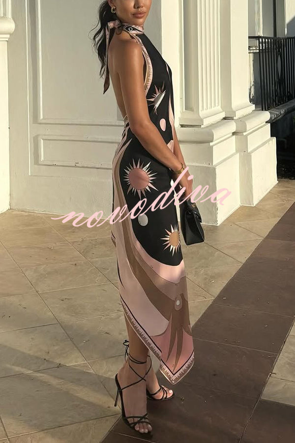 Satin Unique Print Halter Neck Backless Irregular Vacation Midi Dress