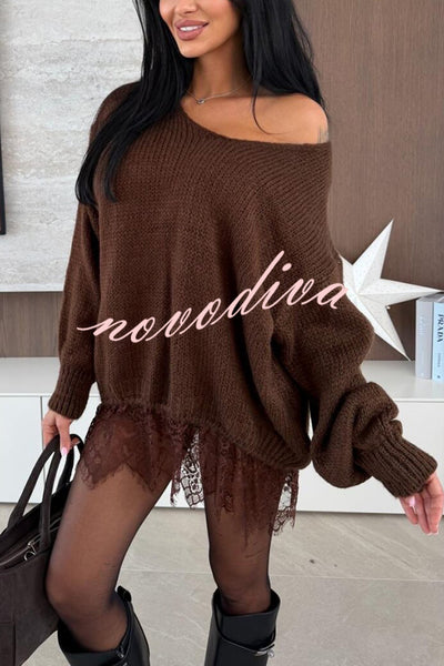 Comfy and Sweet Knit Lace Patchwork Hem Wide Neck Long Sleeve Loose Sweater