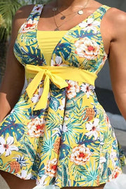 Cheerful Floral Print Bow Detail Tankini Swimsuit Set