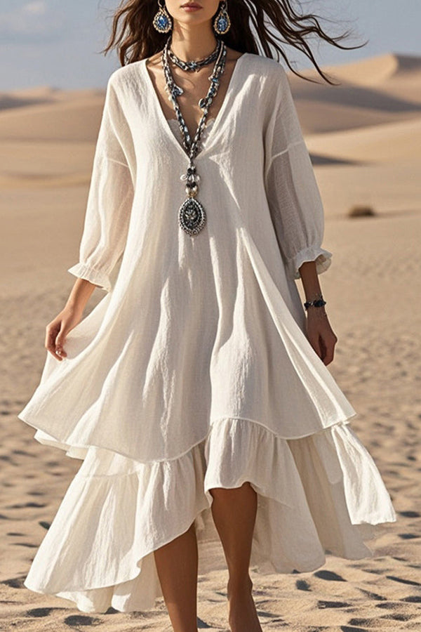 Linen Blend V-neck Long-sleeved Loose Midi Dress