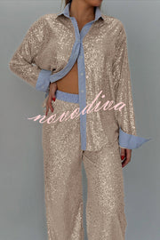 Fashion Sequined Loose Long-sleeved Shirt and Casual Elastic Waist Wide-leg Pants Set