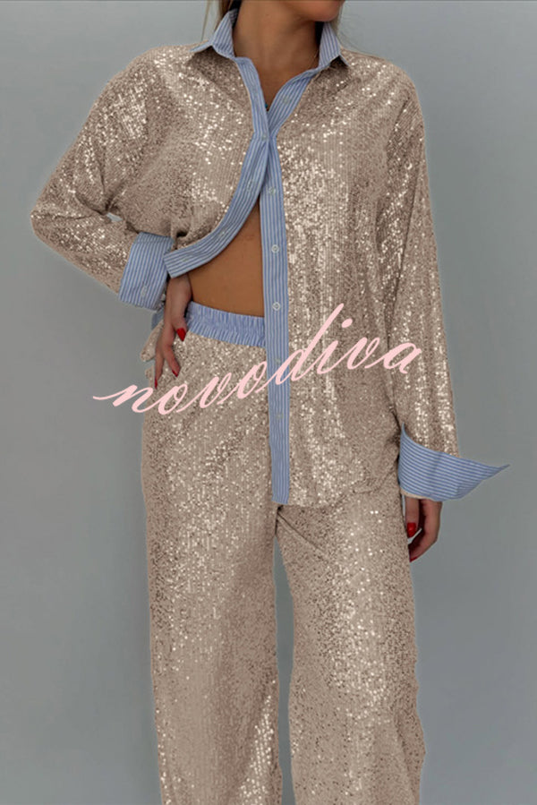 Fashion Sequined Loose Long-sleeved Shirt and Casual Elastic Waist Wide-leg Pants Set