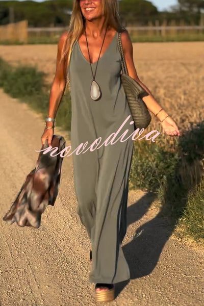 Solid Color V-neck Sleeveless Casual Loose Maxi Dress