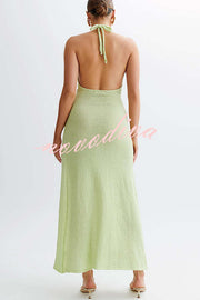 Linnie Knit Flower Pendant Halter Backless Slit Stretch Maxi Dress