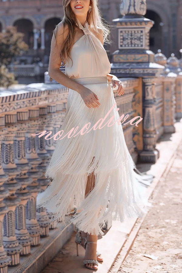 Elegant Tassel Hem Elastic Waist Casual Maxi Skirt