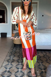 Kaya Linen Blend Color Block Print Front Cutout Knot Puff Sleeve Maxi Dress