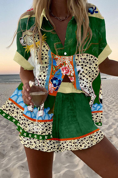 Leopard Floral Print Loose Button Elastic Waist Shorts Set