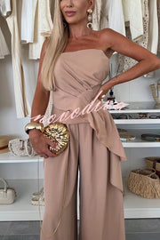Elegant Solid Color Asymmetric Ruffles Bandeau Top and High Waist Wide Leg Pants Set
