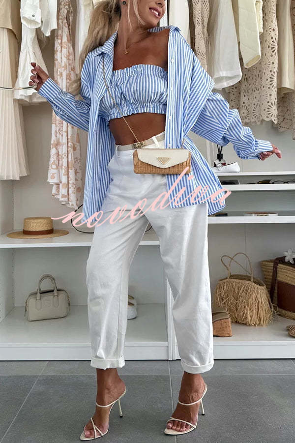 Zoie Striped Stretch Bandeau + Elastic Waist Pocket Shorts + Oversized Blouse 3 Pieces Set