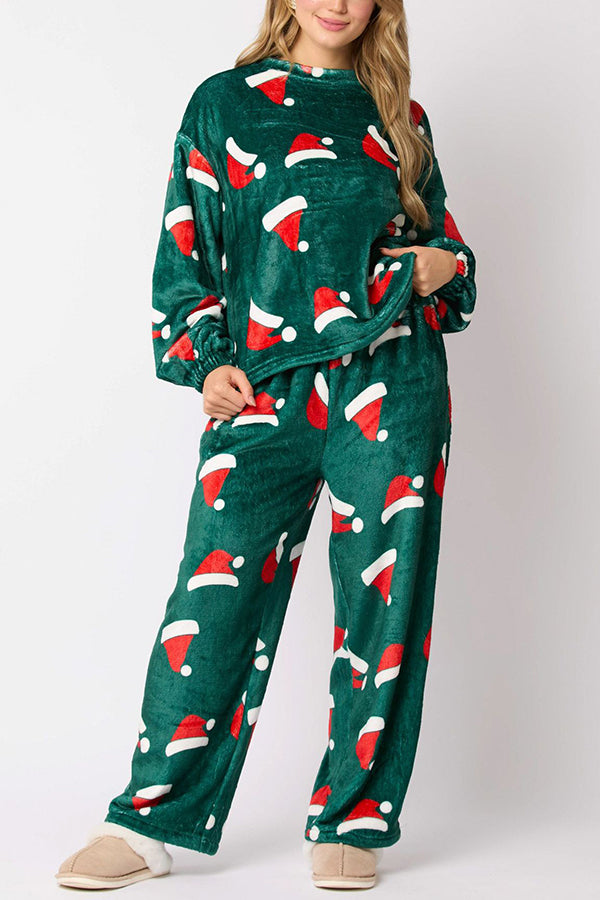 Christmas Printed Crew Neck Long Sleeve Top and Elastic Waist Loose Pants Set