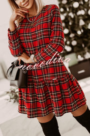 Fashionable Plaid Print Long Sleeve Round Neck Slim Fit Mini Dress