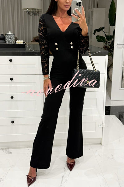 Call It Chic Lace Patchwork Metal Buckle Stretch Flare Jumpsuit