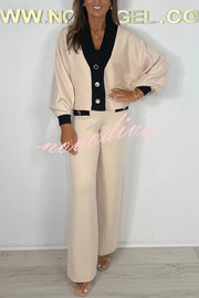 Fashion Contrast Color V-neck Loose Cardigan and Elastic Waist Casual Pants Set