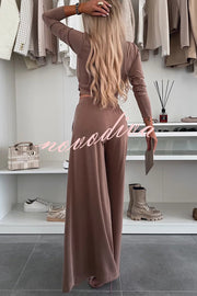 Solid Color Round Neck Long Sleeve Twist Crop Top and Elastic Waist Pocket Wide Leg Pants Set