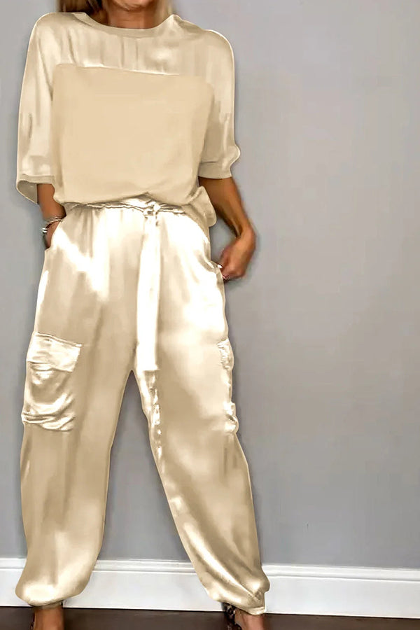 Calissa Smooth Satin Half-sleeved Top and Elastic Waist Pocket Pants Set