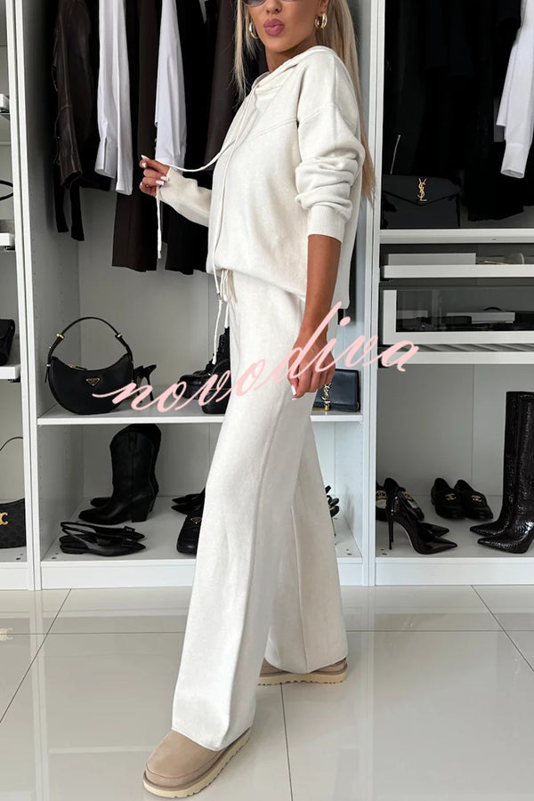 Solid Color Loose Hooded Tie Sweatshirt and Elastic Waist Casual Straight Pants Set