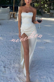 Satin Off-shoulder Elegant Back Tie High Slit Slim Maxi Dress