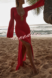 Seaside Goddess Crochet Knit Hollow Out Golden Ring Long Sleeve Cover-up Maxi Dress