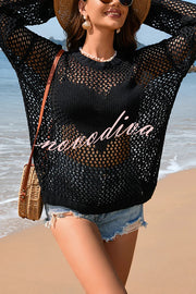 Solid Color Round Neck Long Sleeve Heart Knitted Beach Cover Up