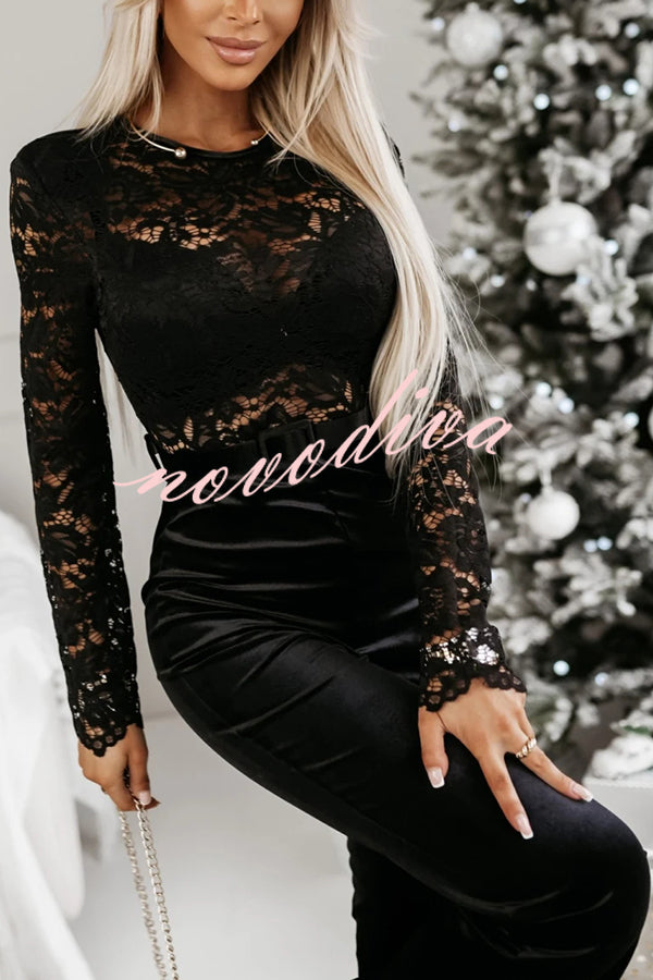 Sonya Lace Velvet Patchwork Long Sleeve Belted Flare Stretch Jumpsuit