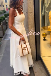 Bohemian Square Neck Pocket Tassel Holiday Maxi Dress
