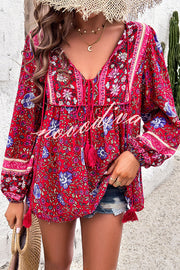 Intricate Floral Print V Neck Lace Up Paneled Long Sleeve Shirt