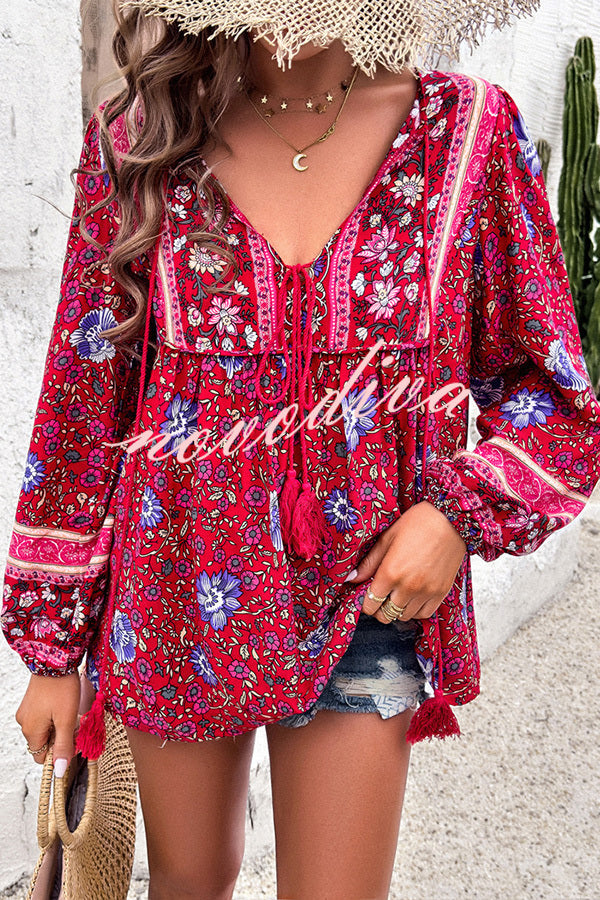 Intricate Floral Print V Neck Lace Up Paneled Long Sleeve Shirt