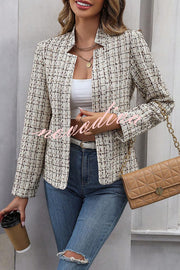 Ask You Out Tweed Plaid Long Sleeve Open Front Blazer