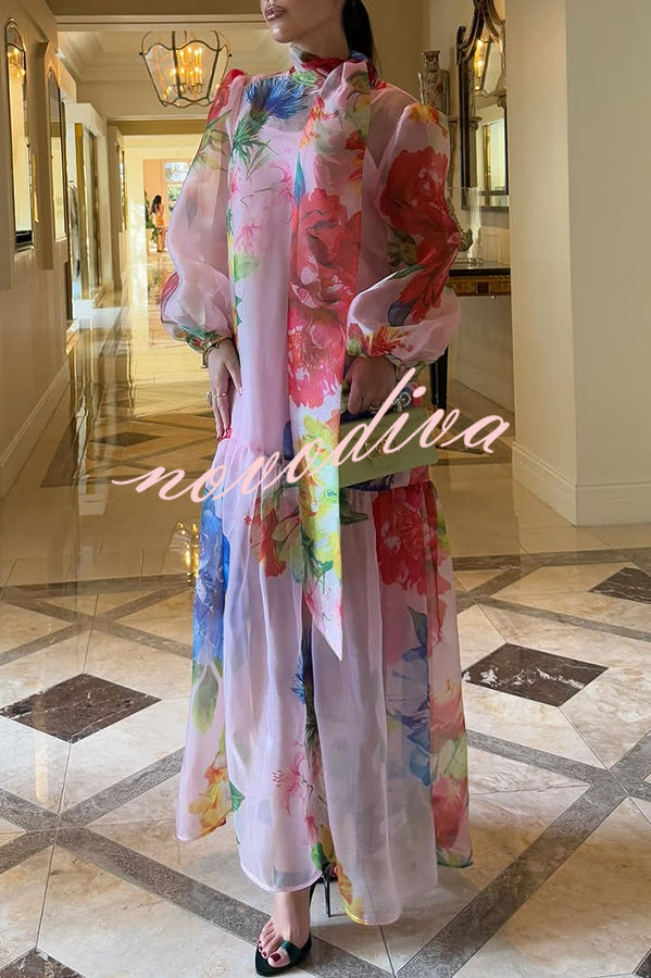 Garden Blooms Organza Floral Print Tie-up Neck Balloon Sleeve Loose Maxi Dress