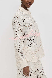 Lillah Embroidered Lace Shell Pattern Long Sleeve Loose Blouse