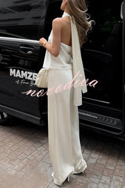 Modern Day Glam Satin Halter Tie-up Tank and Elastic Waist Wide Leg Pants Set