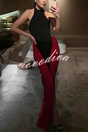 Fashionable Contrast Color Open Back Side Pleated Draped Maxi Dress