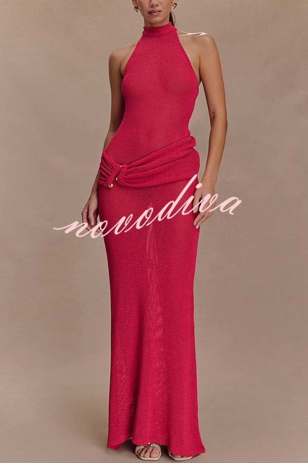 Quiet Confidence Knit Ruched Hip Halter Backless Stretch Maxi Dress