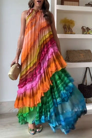 Rosha Georgette Crepe Tie-dye Print Layered Ruffles A-line Maxi Dress