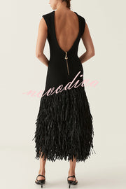 Christie Ribbed Patchwork Tiered Fringed Hem Zipper Backless Maxi Dress