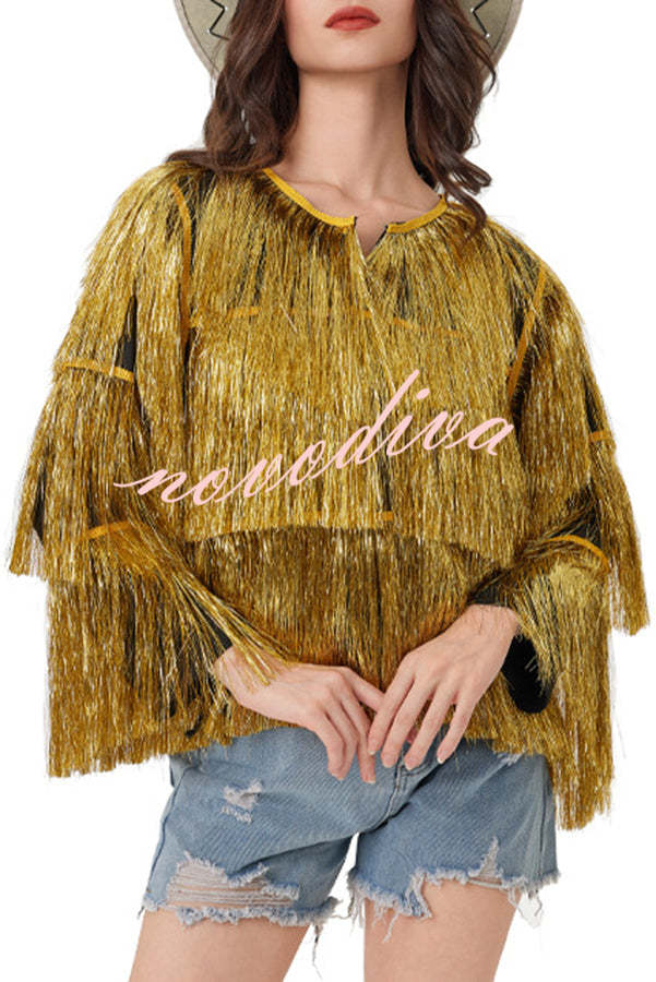 Start The Party Gold Foil Tassels Long Sleeve Jacket