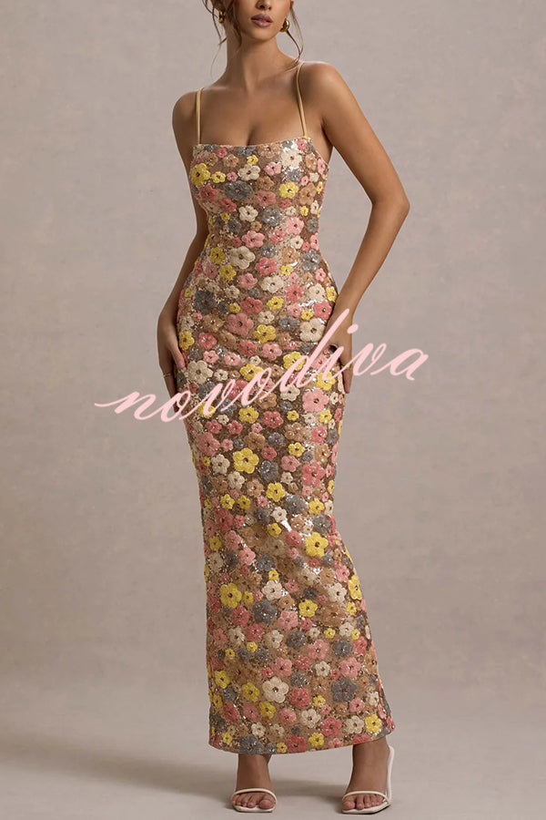 80's Inspired Floral Print Sequin Square Neck Slip Stretch Maxi Dress