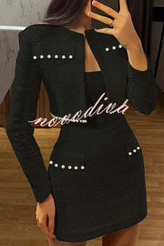 Stylish Sleeveless Tweed Sexy Slim Fit Pearl Embellished Mini Dress